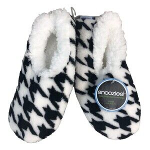 NWT! Snoozies! Black & White Houndstooth Cozy Fuzzy Grip Slippers Sz S 5-6